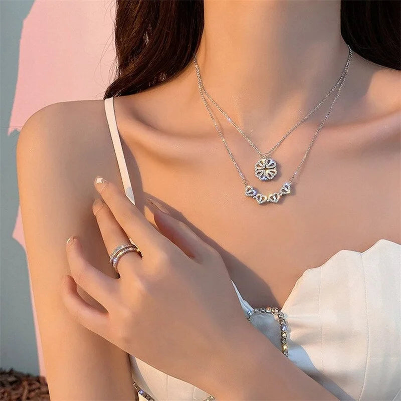 Four Leaf Clover Necklace Dainty Magnetic Heart Necklace for Her with Rose Box for Mother'S Day Gift Conjuntos De Joyas