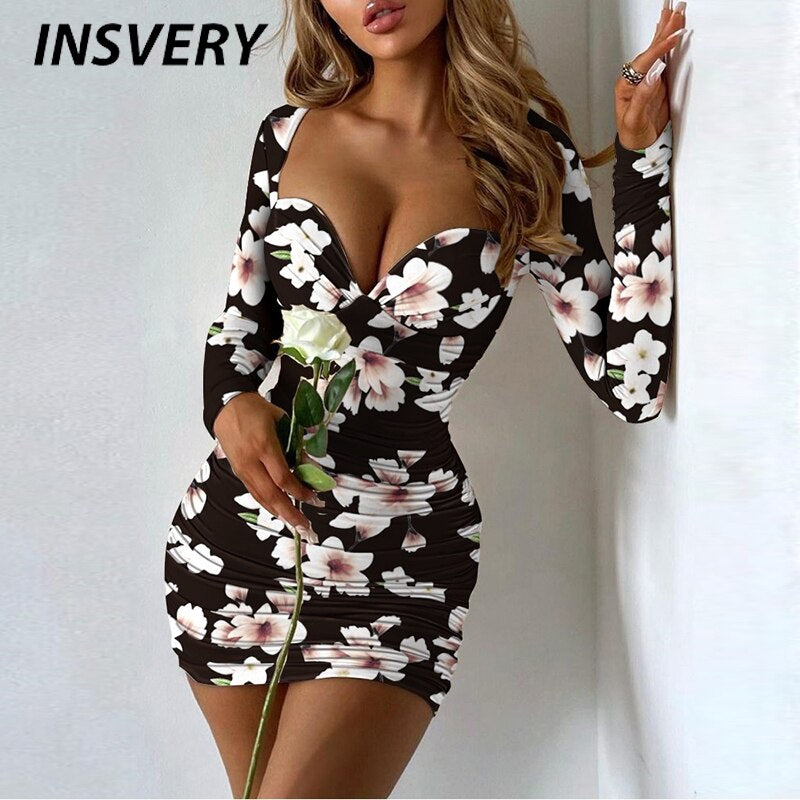 Elegant Ladies Dress Boho Long Sleeve V Neck Party Dress Women Fashion Short Dress 2021 Flower Print Bodycon Dresses Female