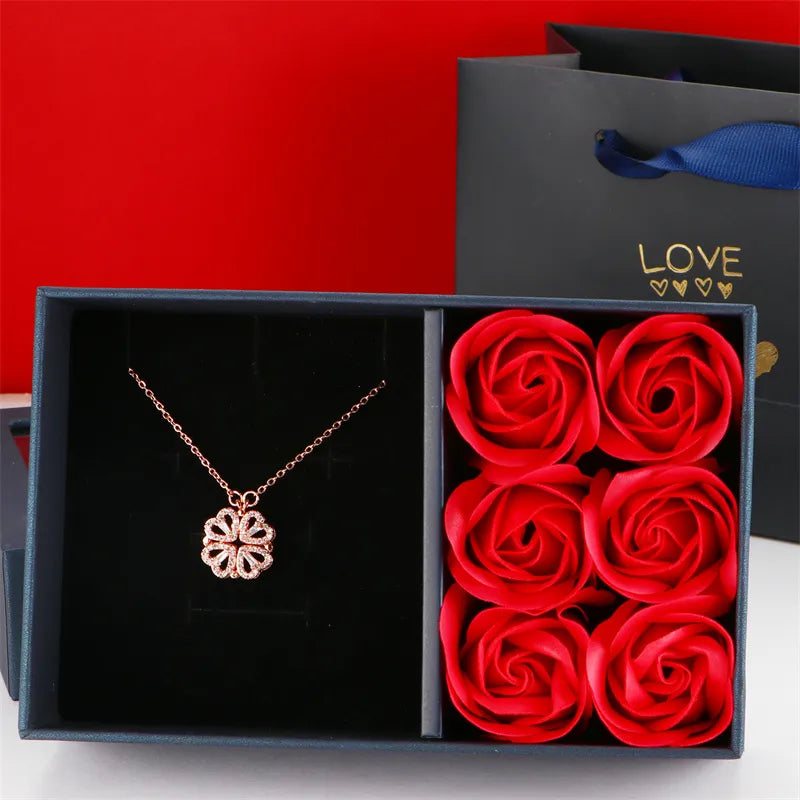 Four Leaf Clover Necklace Dainty Magnetic Heart Necklace for Her with Rose Box for Mother'S Day Gift Conjuntos De Joyas