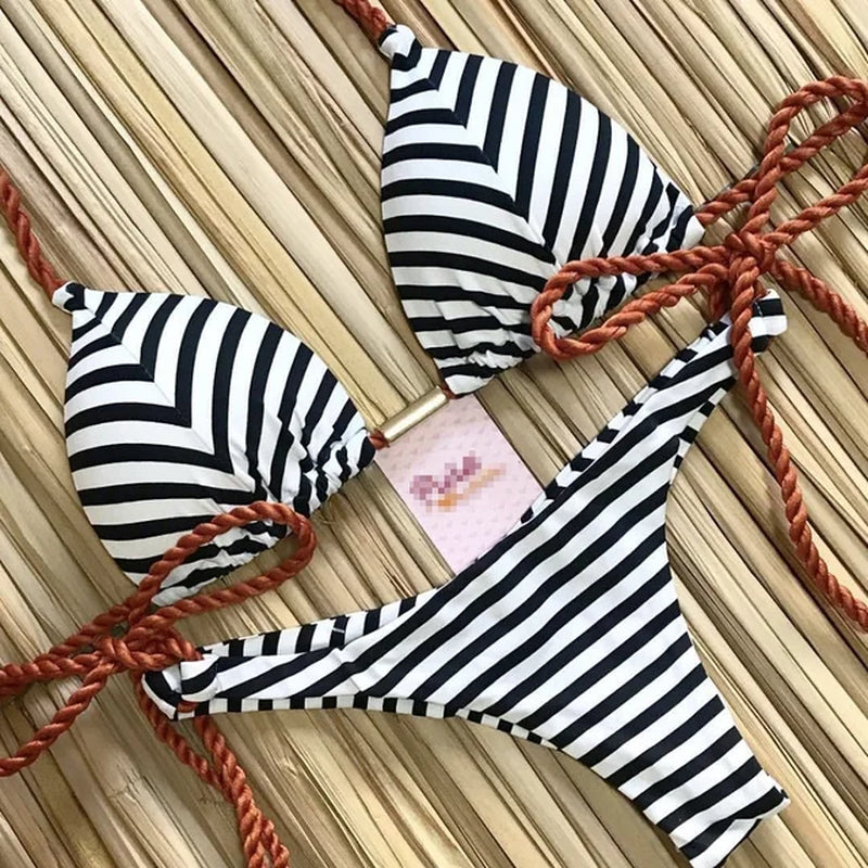 2022 Striped Bikini Set Knotted Swimsuit Women Biquinis Beach Sexy Thong Swimwear Bandage Brazilian Mirco Bikinis