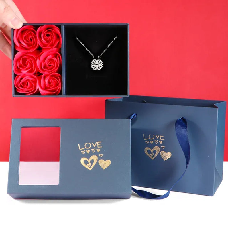 Four Leaf Clover Necklace Dainty Magnetic Heart Necklace for Her with Rose Box for Mother'S Day Gift Conjuntos De Joyas