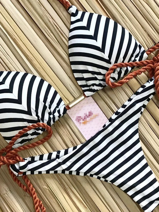 2022 Striped Bikini Set Knotted Swimsuit Women Biquinis Beach Sexy Thong Swimwear Bandage Brazilian Mirco Bikinis