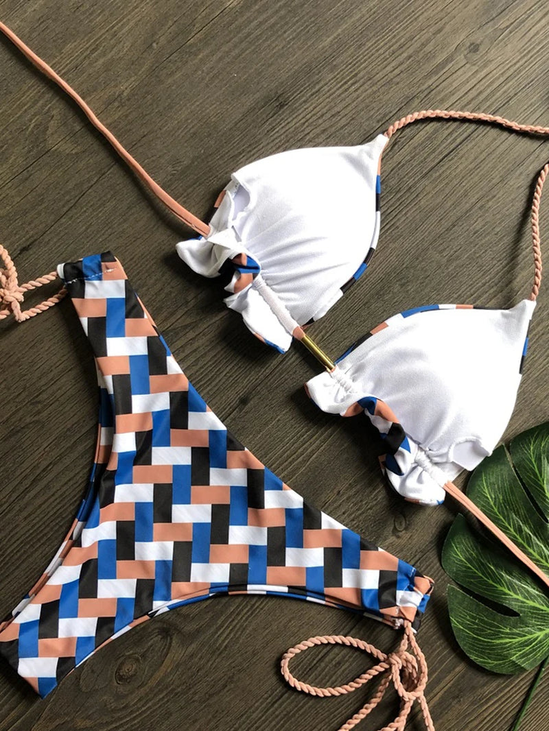 2022 Striped Bikini Set Knotted Swimsuit Women Biquinis Beach Sexy Thong Swimwear Bandage Brazilian Mirco Bikinis